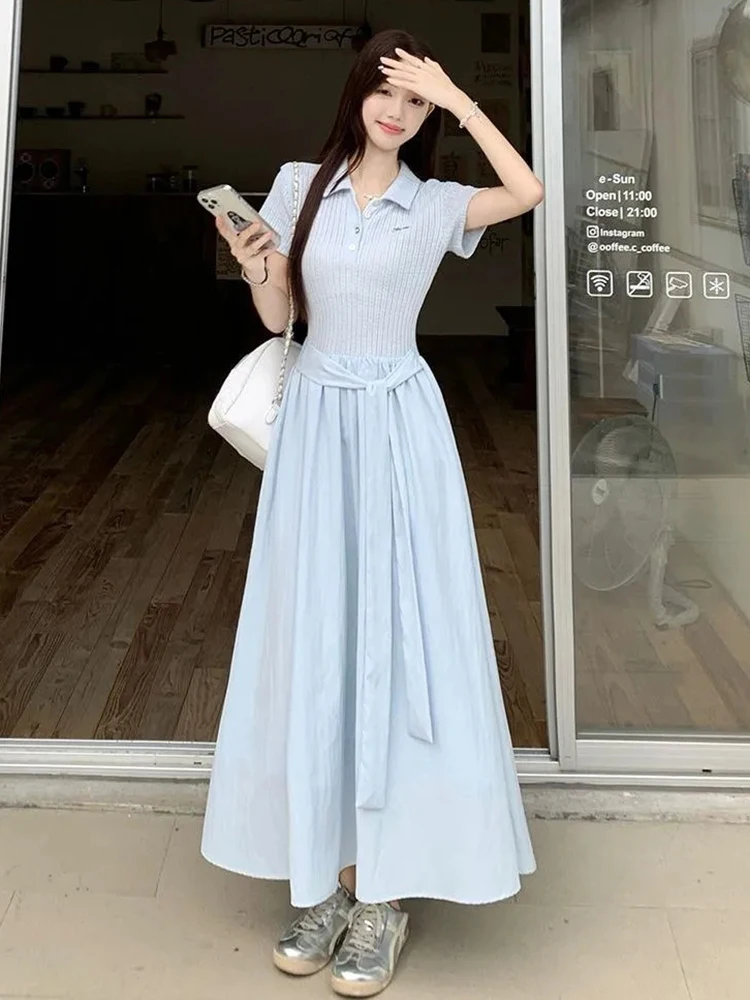 

Blue Lapel Short Sleeve Dress Women Summer Sweet Preppy Bandage Midi Dress Y2K Fashion High Waist Knit Basics Vestidos Mujer