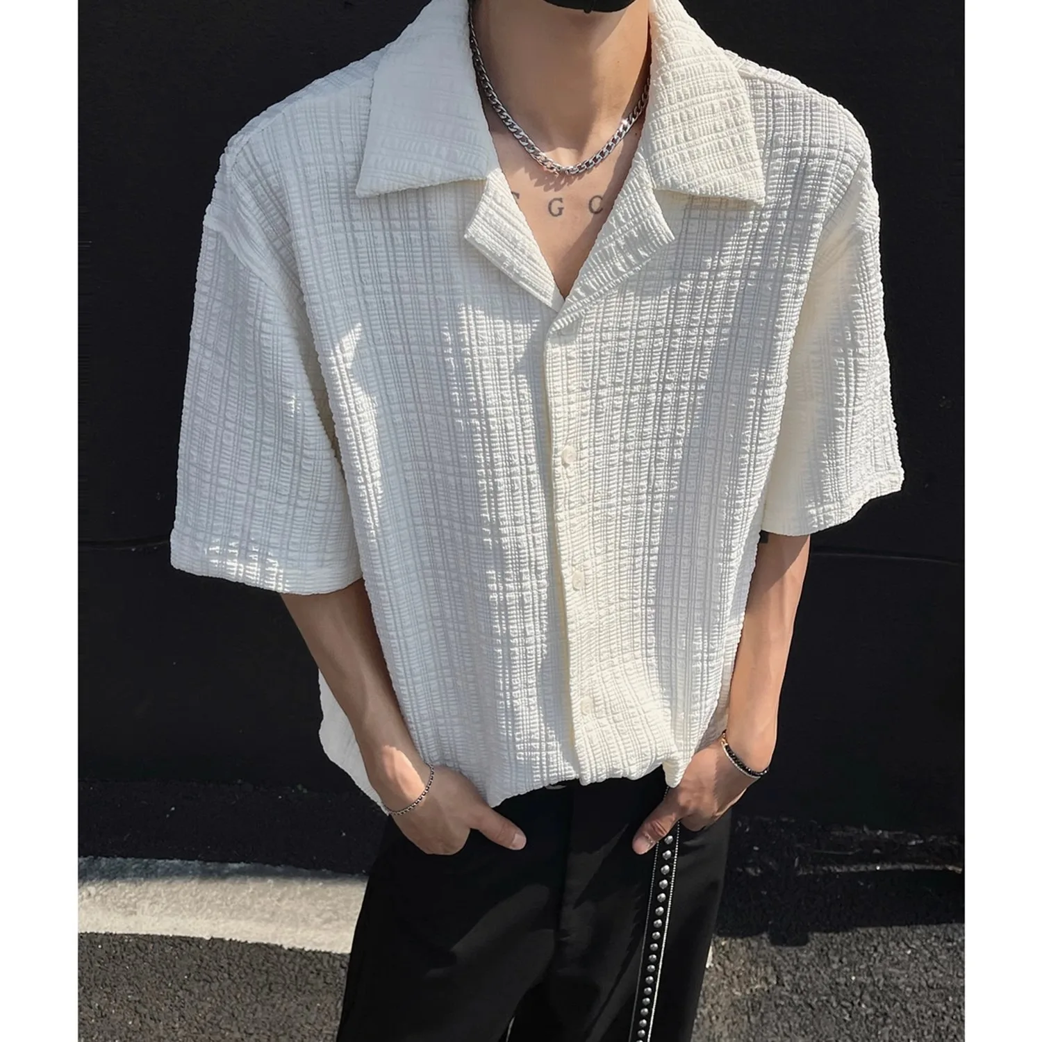 

Fashion Men's Shirts White Color Cuban Collar Summer Cleanfit Casual Shirts for Men Streetwear Hip Hop Korean Men Clothing