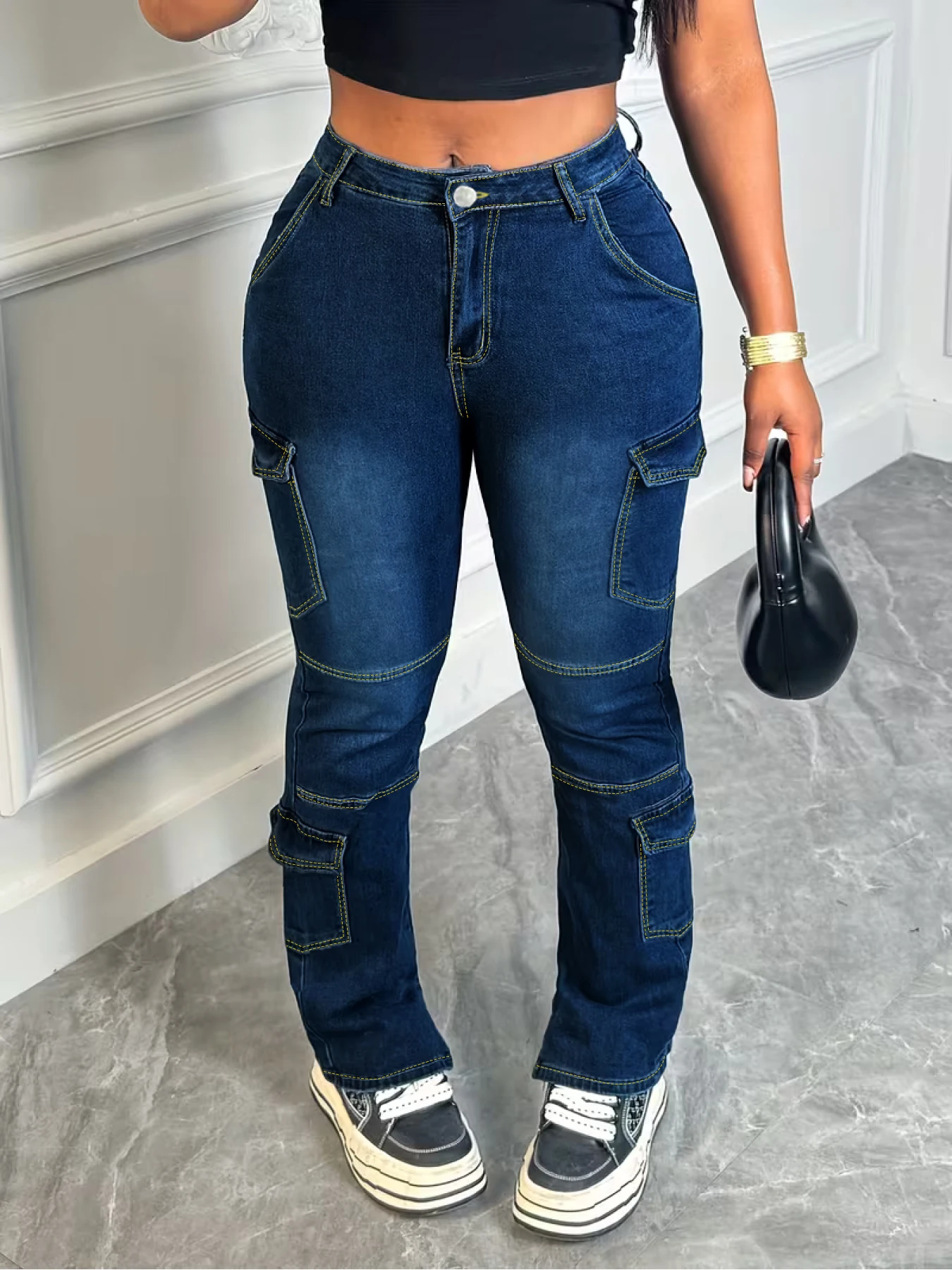 Plus size women's high waisted jeans, designed in dark blue with multiple pockets, suitable for campus and work