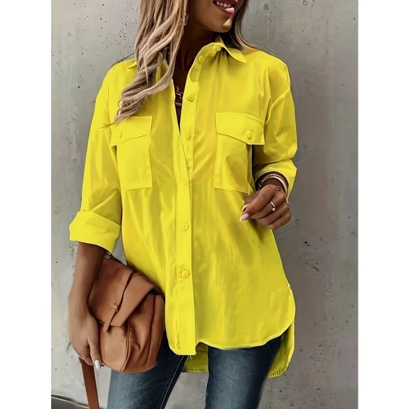 حجم كبير 1XL-5XL المرأة موضة التلبيب بلون قميص المرأة عادية جيب الديكور قميص بسيط قميص فضفاض بأكمام طويلة #3