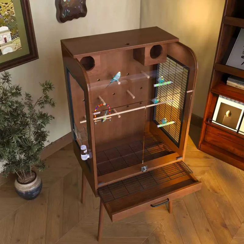 Parrot bird cage Solid wood transparent cage Xuanfeng peony monk parrot special tiger skin breeding Large household bird cage