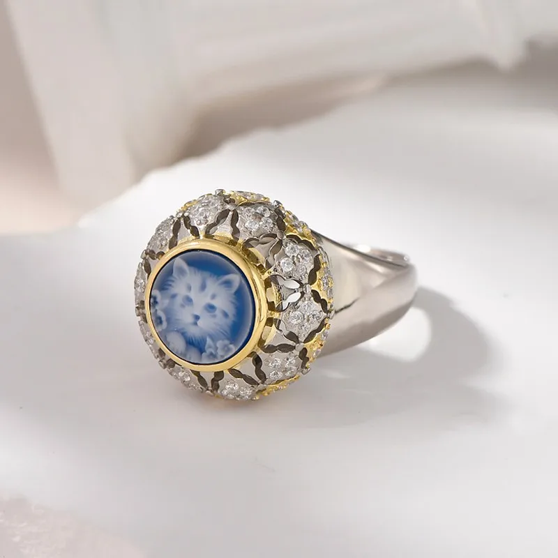 BOCAI S925 Silver Rings for Women Men New Fashion Blue Agate White Shell Hollow Full Zircon Cute Cat Jewelry