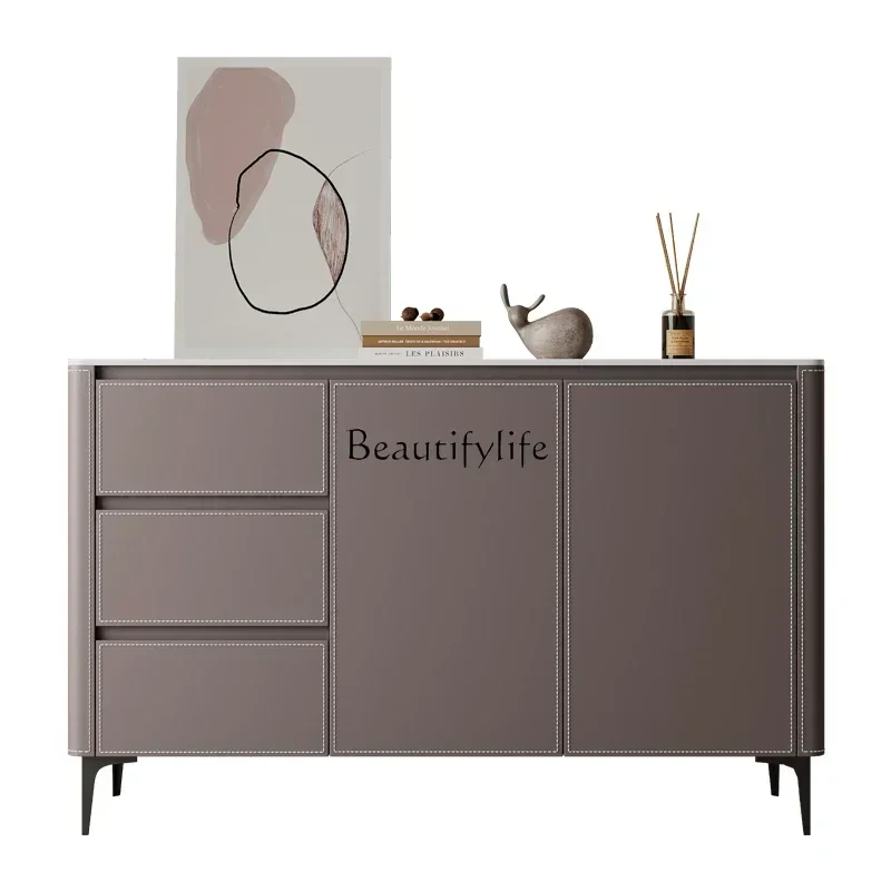 

Italian saddle leather rock slab against the wall, minimalist storage cabinet, ultra-thin shoe cabinetLX