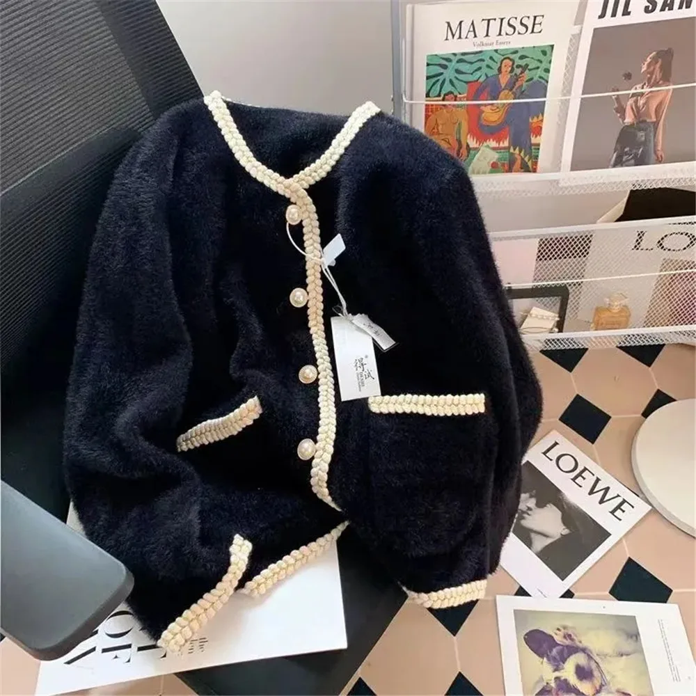 French Small Fragrance Pearl Button Sweater Cardigan Women\'S Top Gentle Mink Fleece Knit Jacket Autumn Elegant Solid Knit Coat