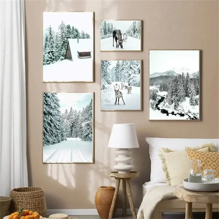 Winter Landscape Painting Canvas Painting Nordic Modern Home Decor Wall Art Forest Snow Scenery Posters for Living Room Design