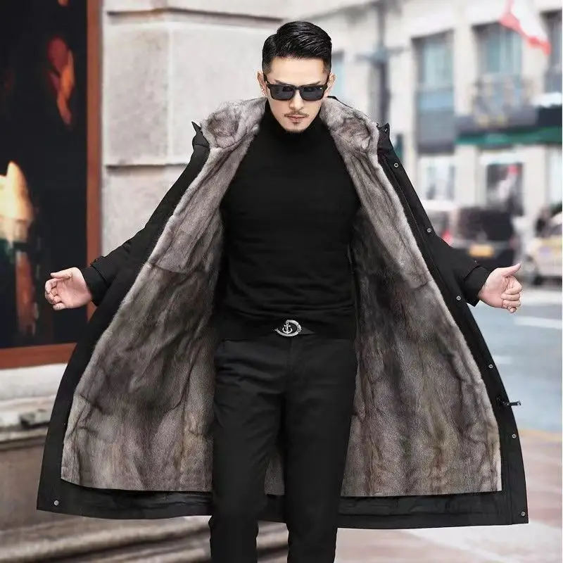 

Pi Overcomes Men's Mink Tank, Detachable, Thickened, Warm Integrated, Knee Length Oversized Fur Jacket