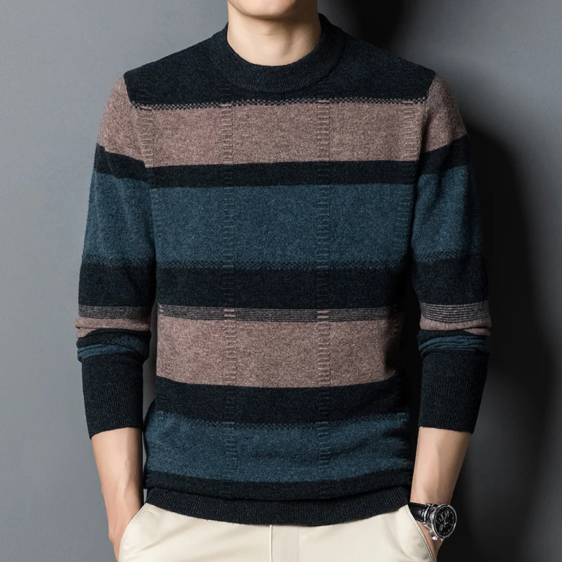 

200% Autumn pure and winter wool new sweater men's Pullover striped cashmere sweater loose casual knitted bottoming shirt