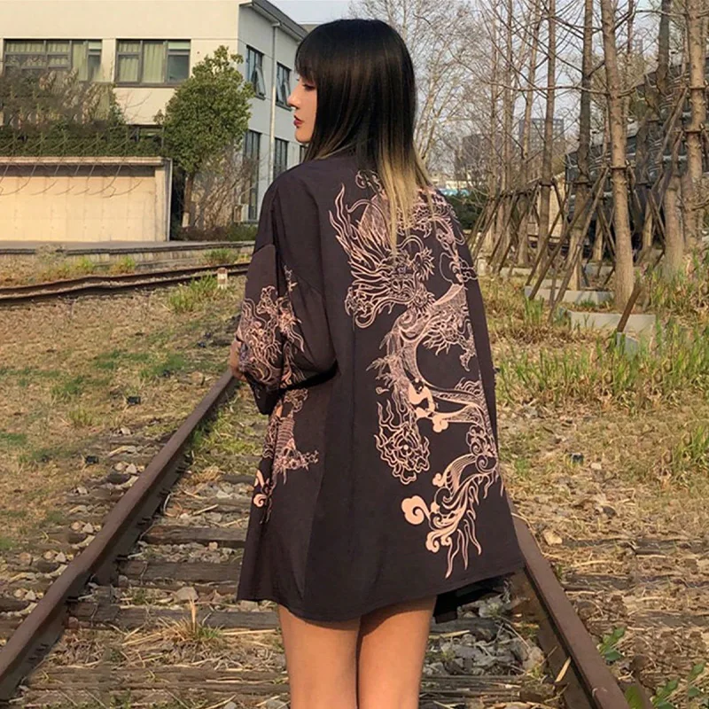 Estilo chinês retro solto melhorado hanfu dragão robe quimono cardigan haori verão plus size praia férias biquíni maiô outerwear jaqueta fina