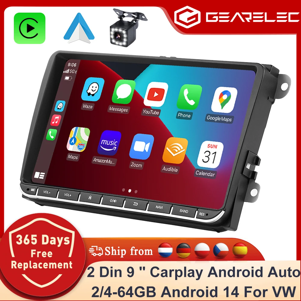 Autoradio Android 14 9 pouces 2 Din Carplay pour VW Volkswagen Skoda Octavia Golf 5 6 Touran Passat B6 Polo Jetta Lecteur multimédia GPS Navigation