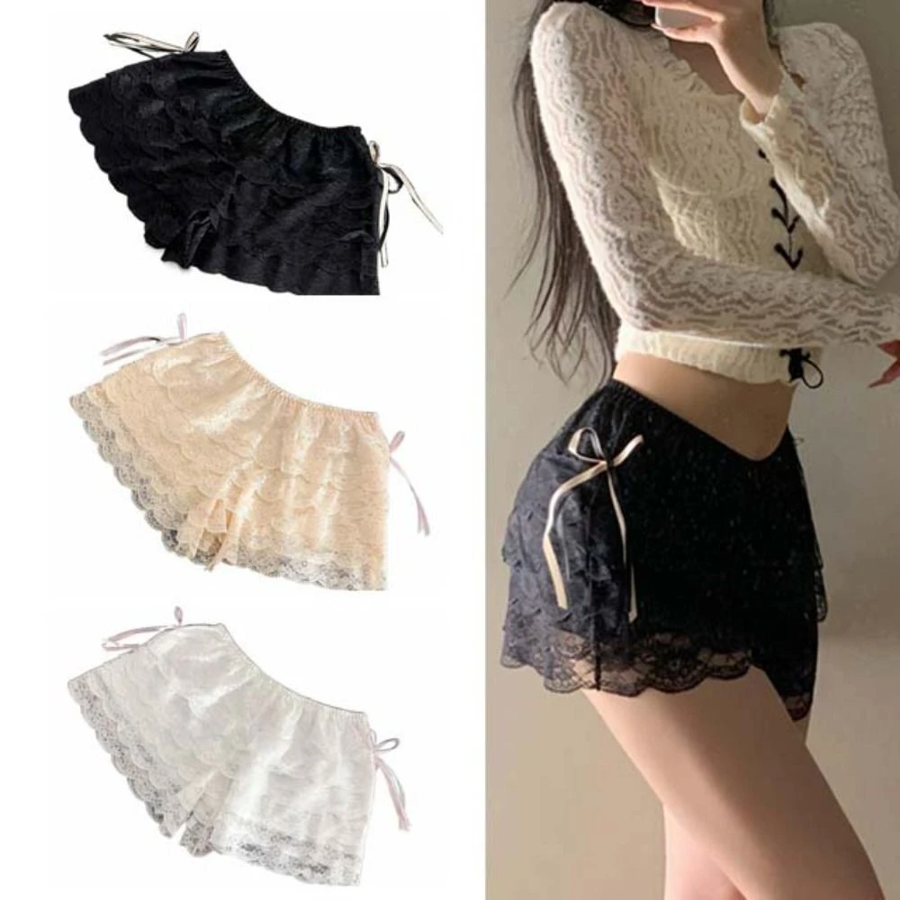 Short de sécurité Lolita JK en dentelle avec nœud et volants, coupe ample d'été, anti-transparence, multicouche, pour femme