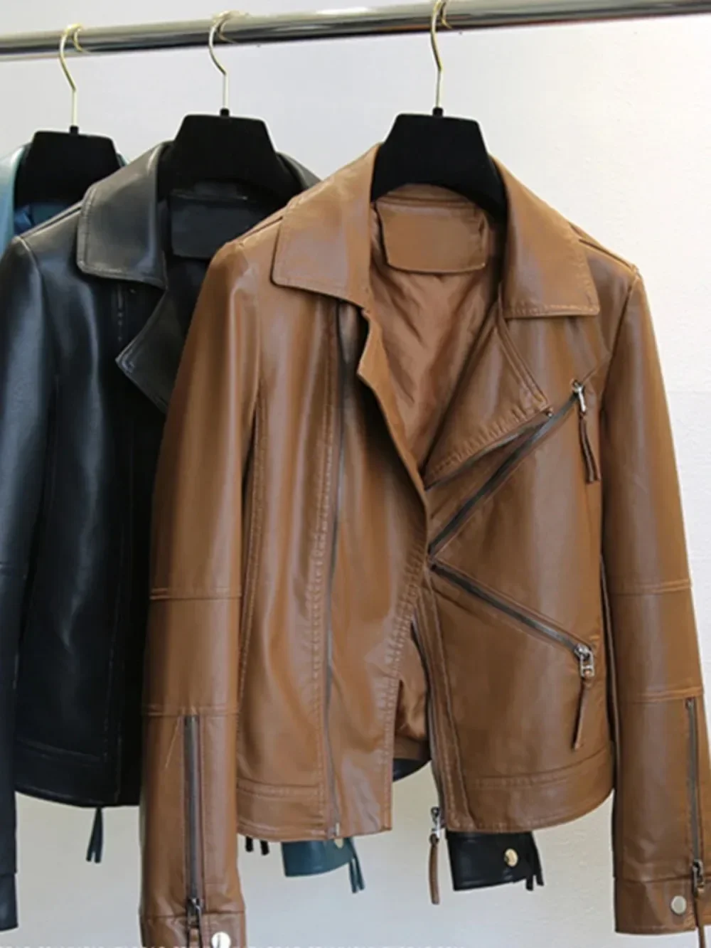Spring Autumn Vintage Faux Leather Jacket Women Brown Moto Biker Leather Coats Casual Street Wear Zipper PU Basic Outwear