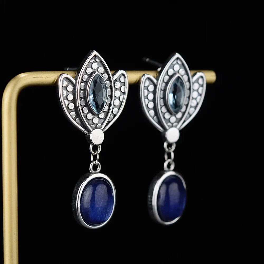 925 Silver Crown Shape Drop Earrings Kyanite Ear Jewelry for Women Gemstones Blue Zircon Earrings Birthday Gifts