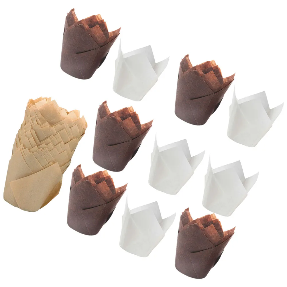 

200pcs Cupcake Liners Paper 50 Brown 50 White 100 Natural Oil Proof Baking Cups Muffin Wrappers Cake Packaging