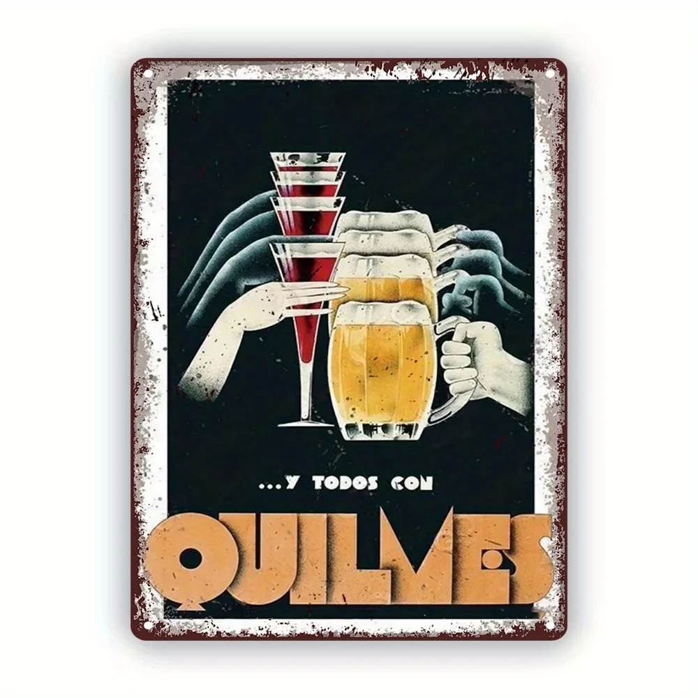 , Vintage Metal Tin Sign, Quilmes Argentine Beverage with Classic Glasses and Bottles Design, High-Quality Print Wall Art for Ho
