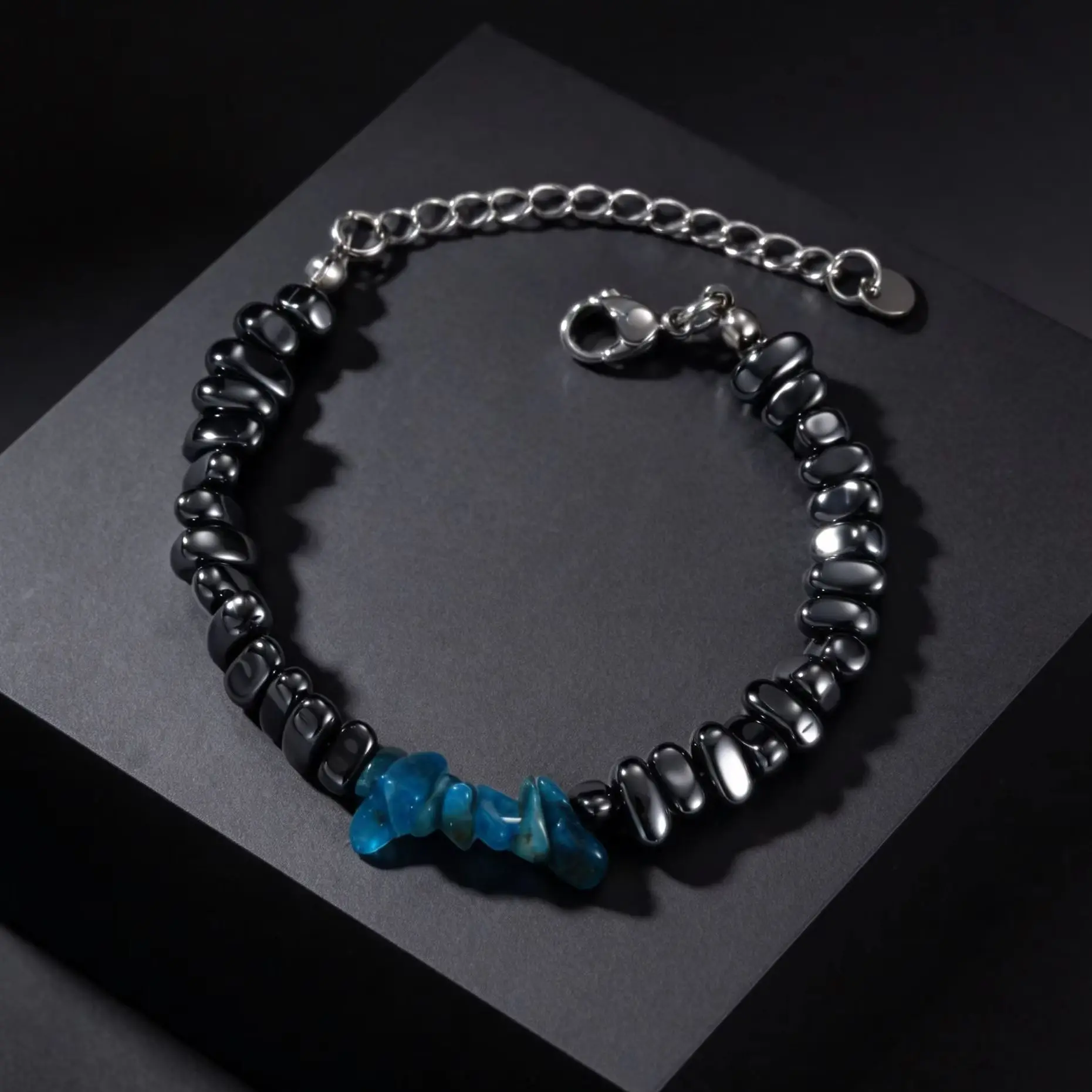 Irregular Black Natural Stone Hematite Bracelets for Men, Stainless Steel Adjustable Wristband Bracelet, Punk Fashion Jewelry