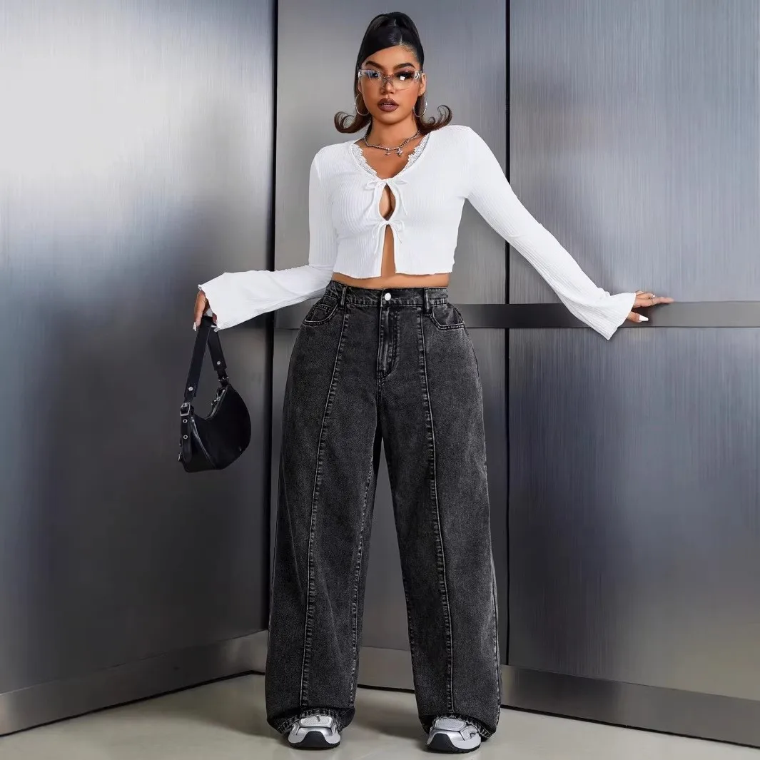 

Women Plus Size Jeans High Waist Wide Leg Denim Pants Cotton Distressed Denim Jeans Oversized Black Wash Full Length Jeans Pants