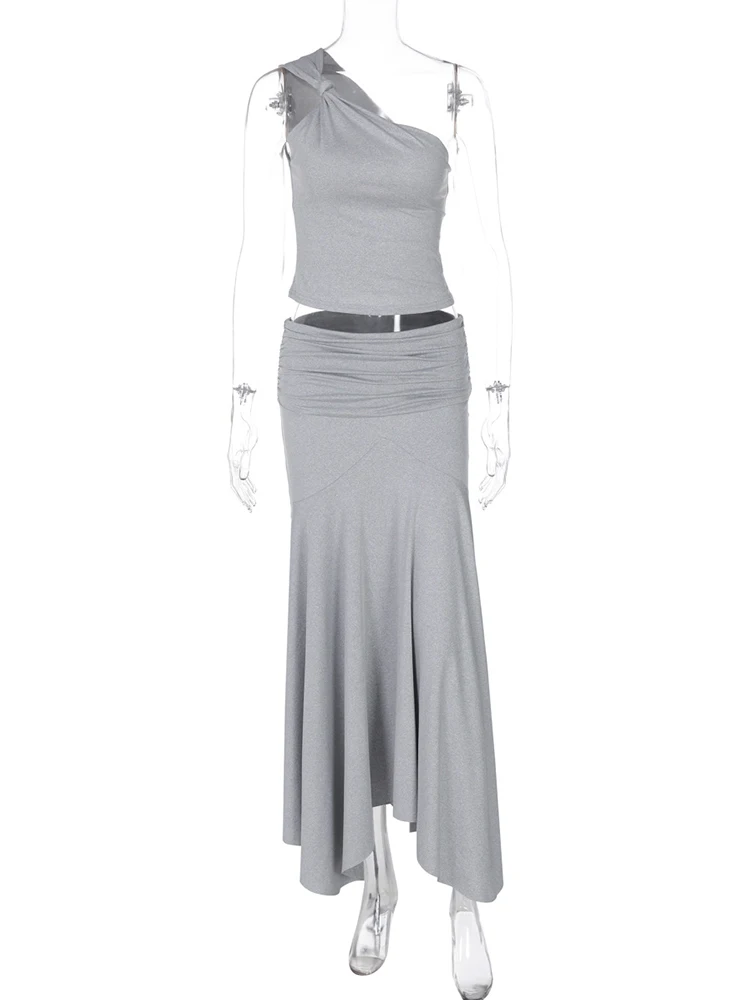 Summer Solid Long Skirt Women 2pcs Sexy Holiday Party Beach One of Shoulder Skirt High Waist Y2K Bodycon Maxi Skirt Casual Skirt