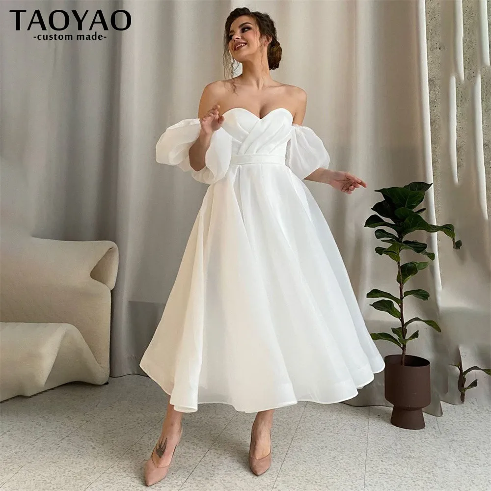 Elegant Tea Length Evening Dresses Lady Short Party Dress A-Line Evening Gown Puff Sleeves Cocktail Dresses Vestidos De Noche