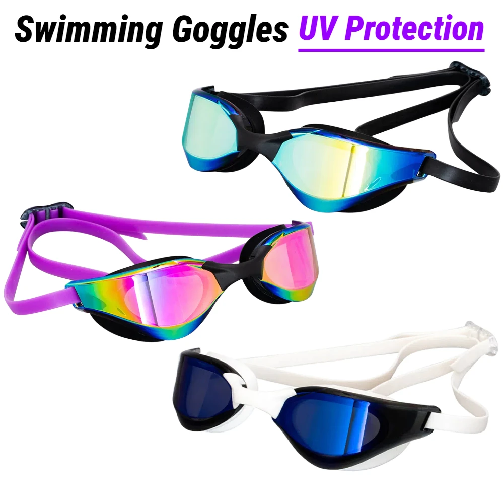 Gafas de natación, gafas de buceo electrochapadas ajustables, protección UV, gafas de natación de visión amplia, sin fugas para mujeres, hombres, jóvenes y niños