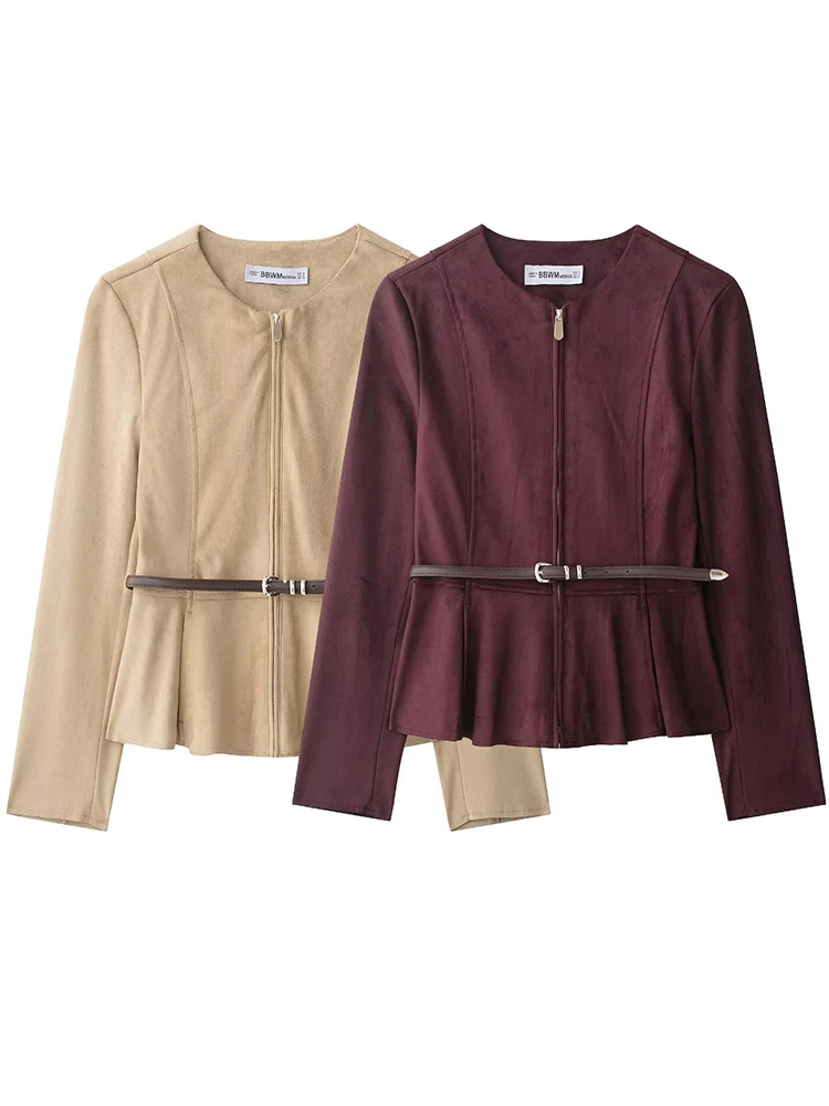

2025 Women's Suede Jacket Fashion Simple O Neck Slimming Jackets With Belt Autumn New Long Sleeve Skirt Hem Jacket Coat Women