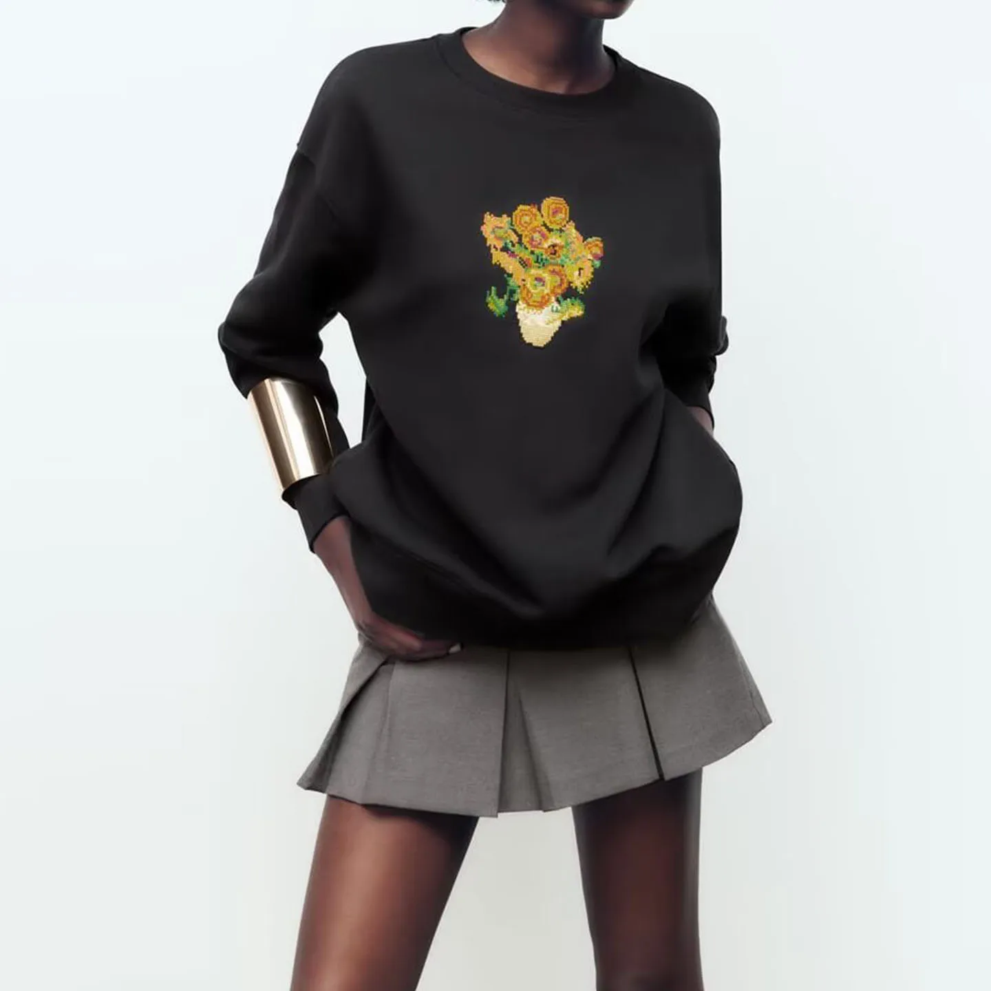 2022 Winter Neues Damen-Sweatshirt mit Blumenstickerei, vielseitig einsetzbar, personalisierbar, lockere Passform, lang, Sve, rund, für den Pendelverkehr...