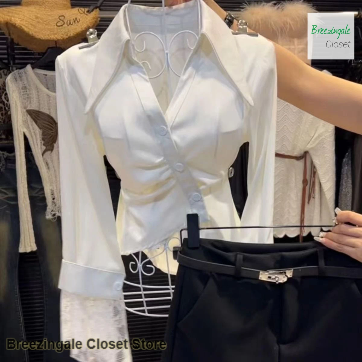 

French temperament lace stitching lapel long sleeve shirt women's spring and autumn new fashion temperament high sense shirt