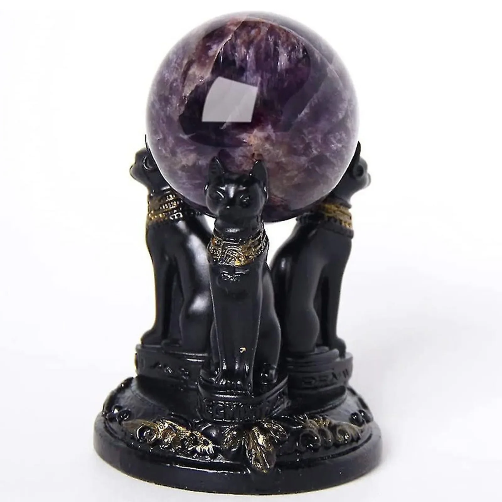 

Lovely Three Black Egyptian Mau Cat Elf Guard Crafts Resin Ornament Myth Feng Shui Amulet Crystal Ball Display Stand Home Decor