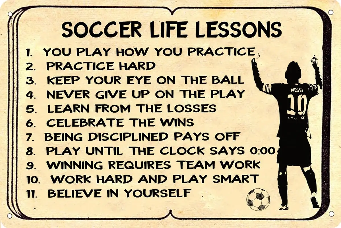 Soccer Life Lessons Sign Soccer Metal Sign for Retro Vintage Bar Garage Room Wall Decor 8x12 Inch