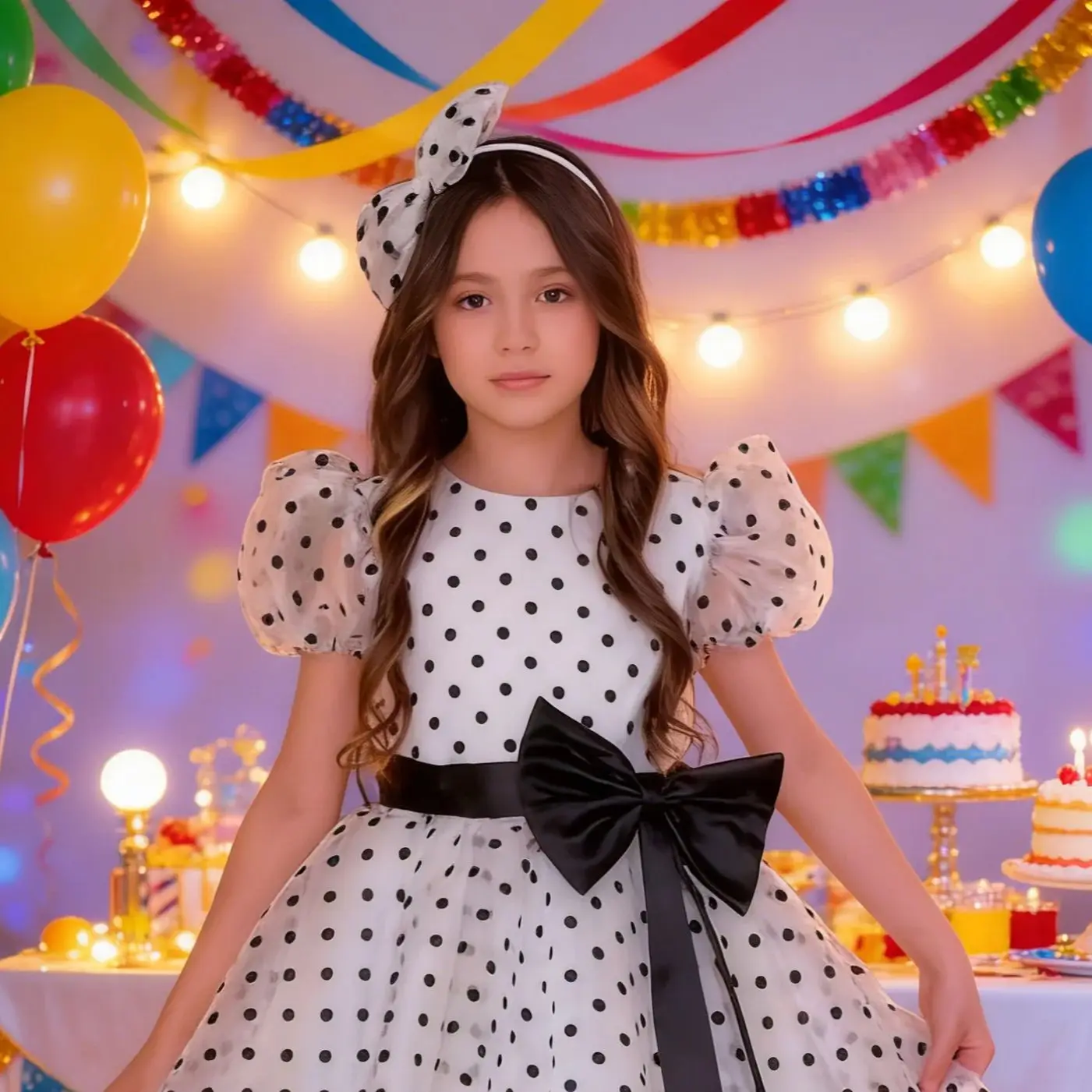 Customized Dots Flower Girl Dresses For Wedding Puff Sleeve With Black Bow Knee Lenght Kids Birthday party Communion Gowns