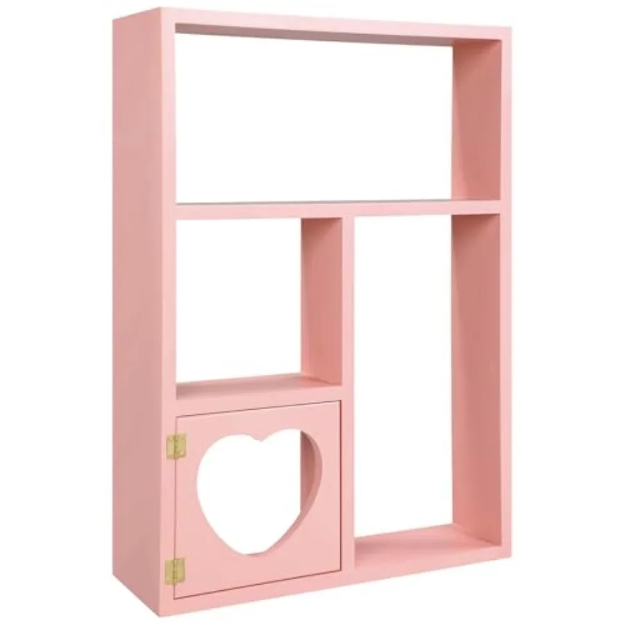 

Pink Floating Wall Cabinet 23.62"x16.54"x3.94" Large Wood Wall Mounted Cupboard with Heart Cutout Door Cute Floating Storage Sh