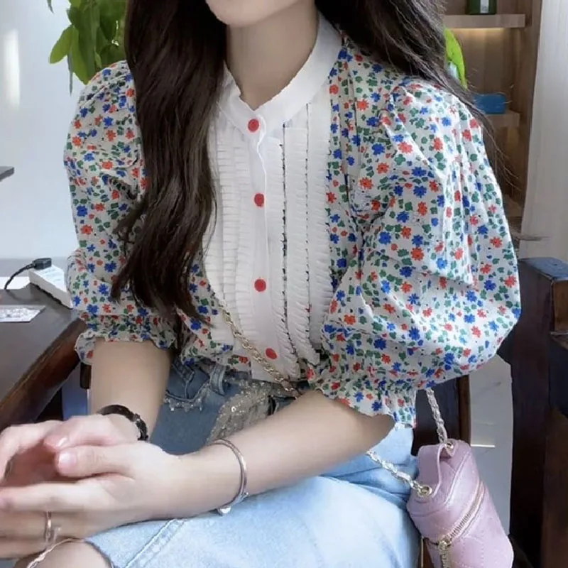 Summer Elegant Fashion Puff Sleeve Printed Shirt Women\'s Clothing Korean All-match Spliced Button Round Neck Blouse for Female