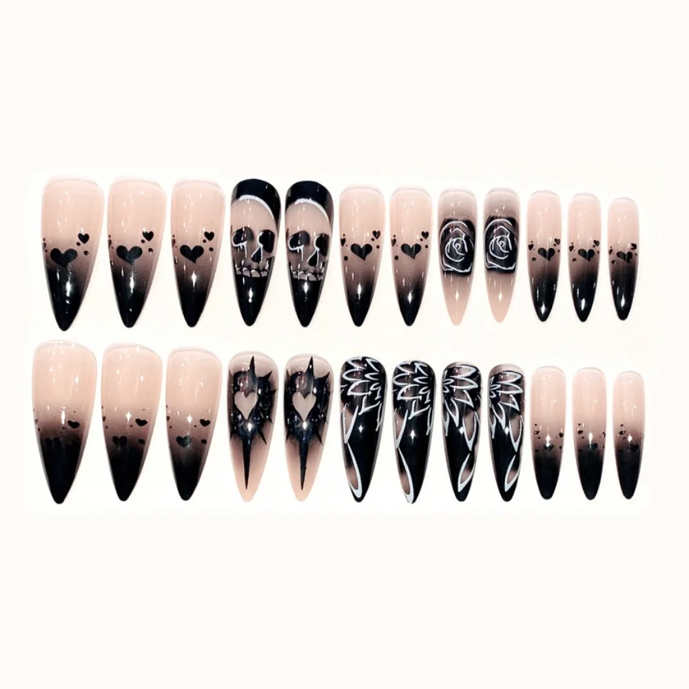 Rose Rhinestone Halloween Fake Nails Full Cover False Nails Detachable Press on Nails Long Ballet Nail Women Girl 24pcs Nail Art