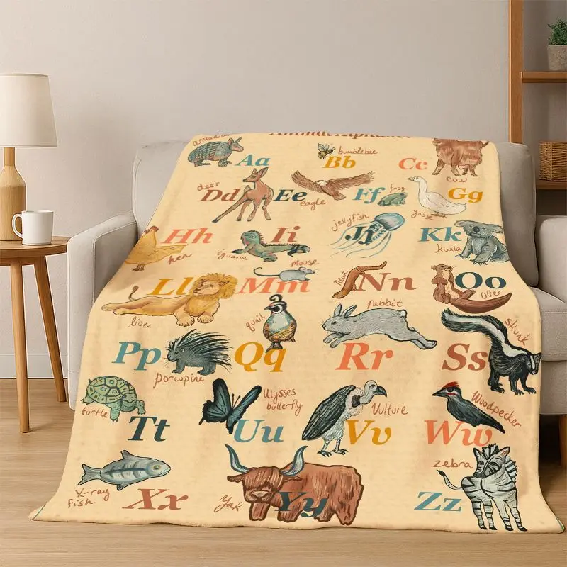 Alphabet ABC Early Education Cartoon Flannel Blanket Soft Warm Blanket Throw Blanket for Bedroom Living Room Bed Travel Camping