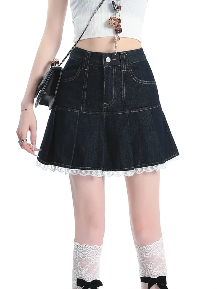 

High Waist Vintage Lace Splice Denim Mini Skirts Woman Harajuk Korean Style Summer Casual A-line Pleated Jeans Skirt Jupe Femme