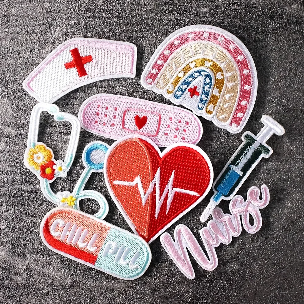 8Pcs/Lot Capsule Heartbeat Stethoscope Nurse Patches Embroidery Applique Ironing Clothing Sewing Supplies Decorative Badges