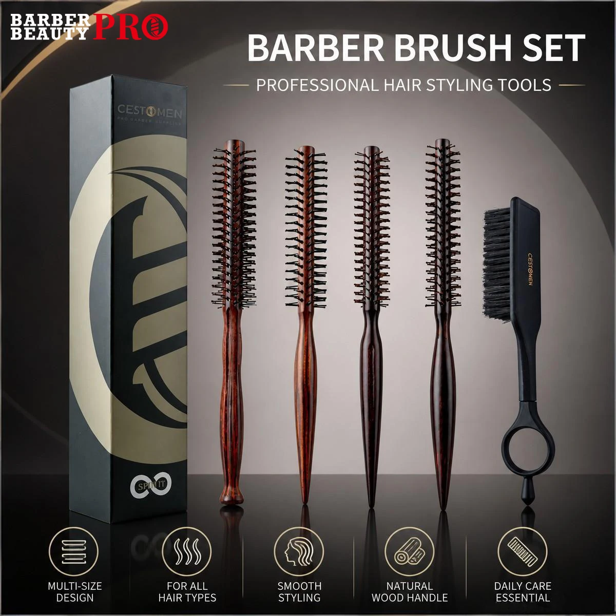 2Pcs Barber Salon Wood Handle Boar Bristles Round Brush Set 360 Rotatable Barber Fade Cleaning Brush Hair Styling Tools Kit