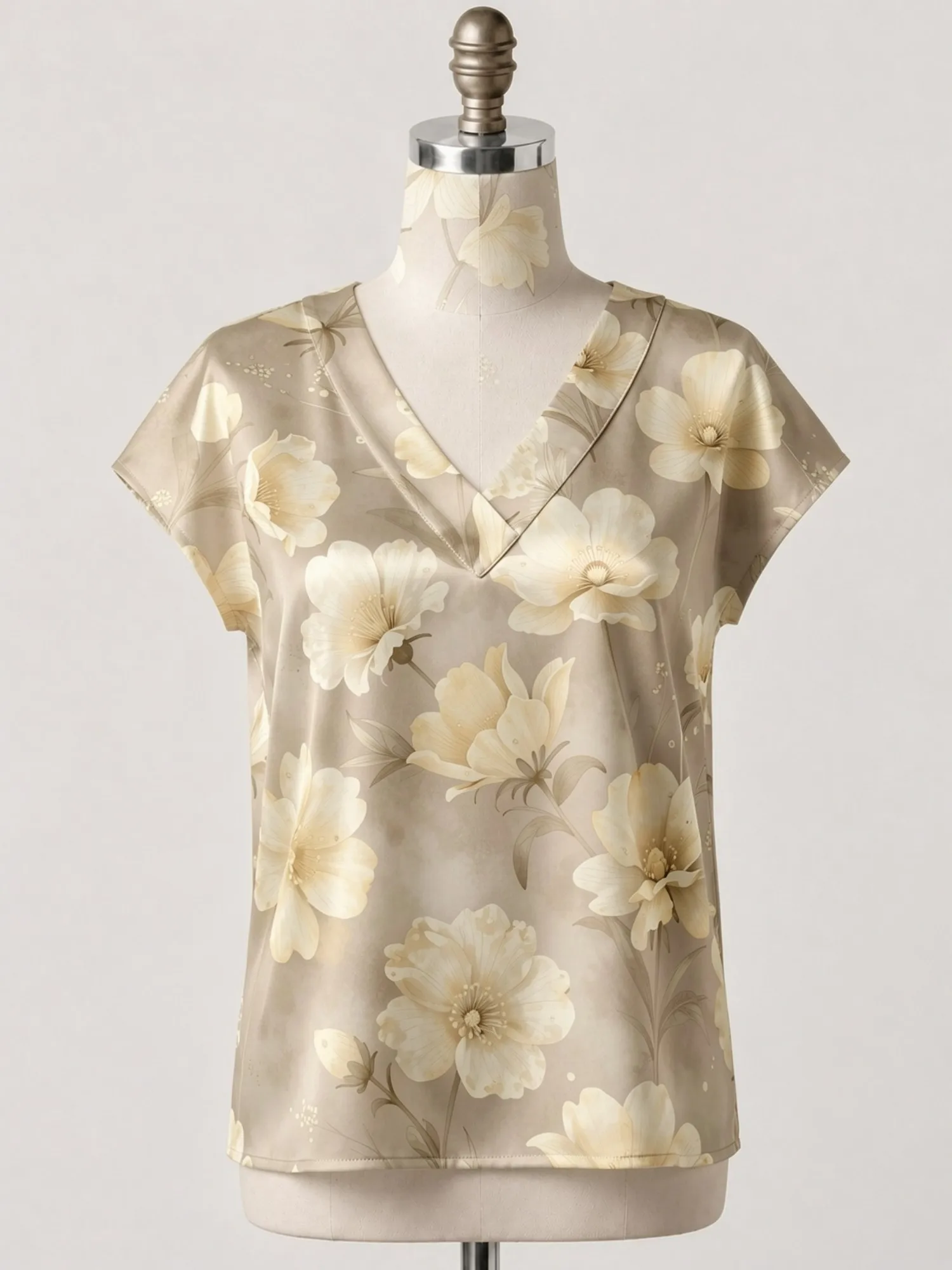 Floral Satin V Neck Top for Women Cap Sleeve Soft Draped Fit Silky Modern Casual Daily Wear Lightweight Breathable Vacation Glam