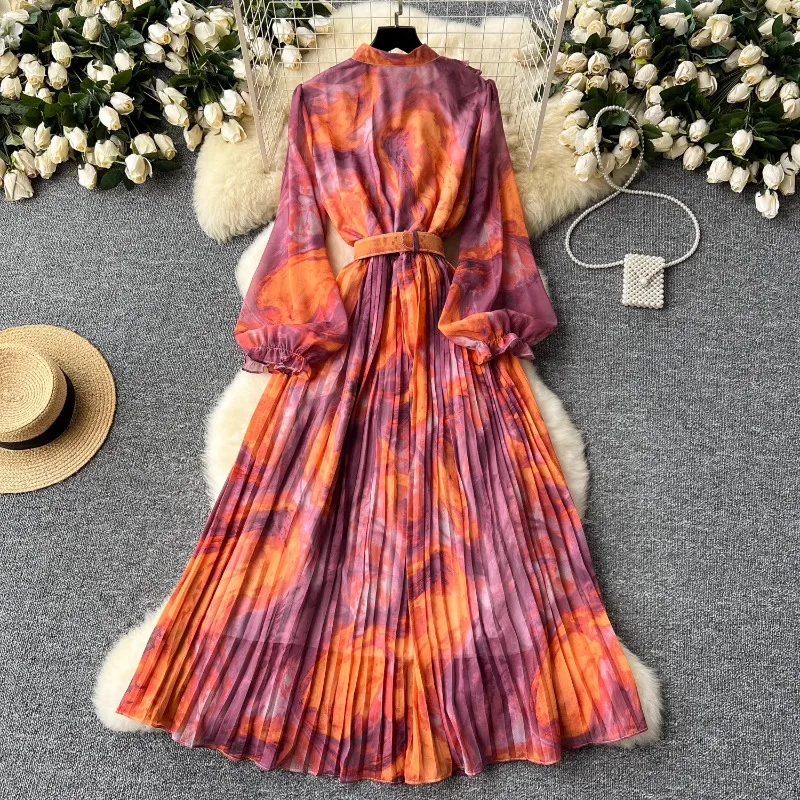 Retro Elegant Autumn Edible Tree Fungus Patchwork Long Sleeves Print Chiffon Dress A-line French Vintage Vacation Women Dresses