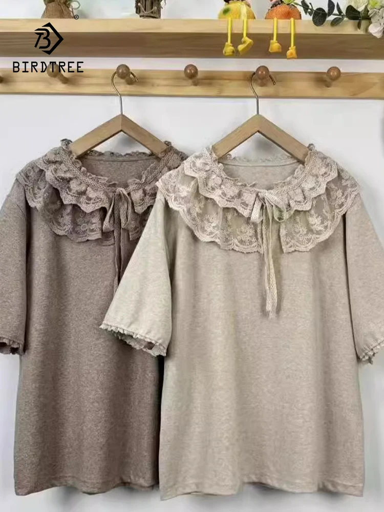 

New Summer Cotton Short Sleeve Shirt O Neck Lace Tops Mori Girl Casual Loose Commute French Sweet Blouse 2024 Autumn T47234QC