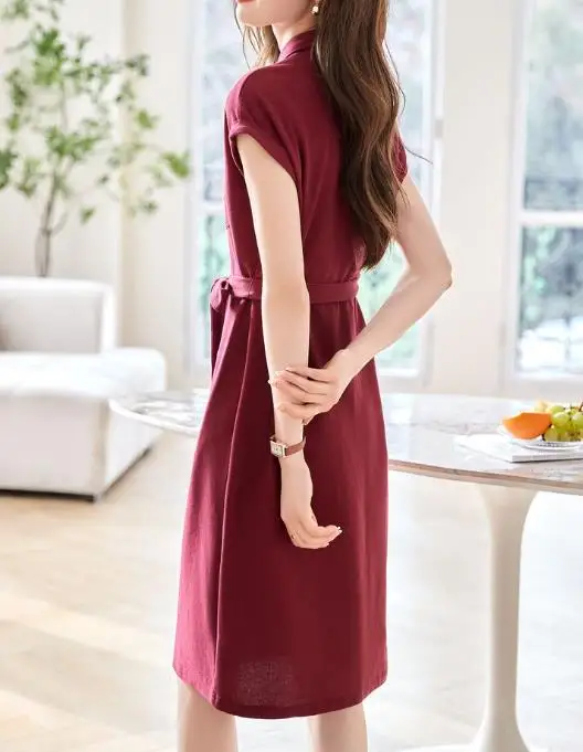 Vestido feminino de alta qualidade verão 2025, uma saia camisa casual elegante com temperamento emagrecedor