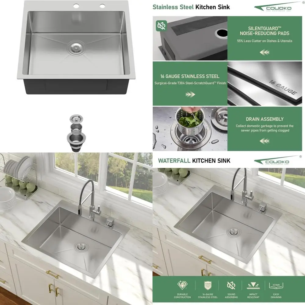 

Stainless Steel Single Bowl Kitchen Sink 25 x 22 Inches Drop-In RV Laundry Utility Sink Large Deep Handcrafted Topmount