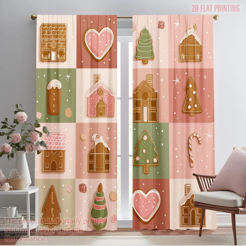 2pcs,2D plane printing Light Filtering Curtains Christmas Day Versatile 100% Polyester (without rod) Gifts Ldeal for Bedroom,