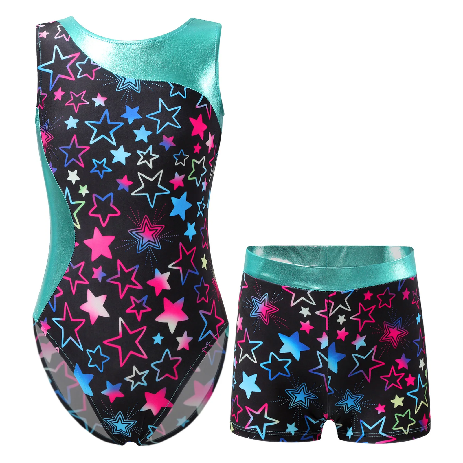 

Kids Girls Printed Gymnastics Ballet Unitard Biketard Ballet Dance Outfit Sleeveless Leotard Jumpsuit Elastic Waist Shorts