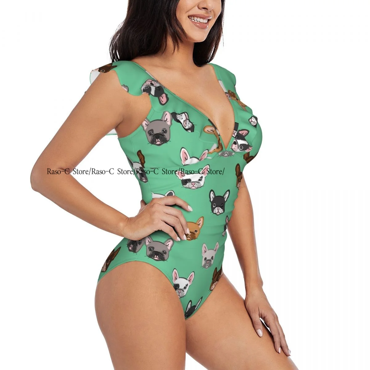 Sexy One Piece Swimsuit Push Up Swimwear Cute French Bulldog Women Ruffle Monokini Swimsuit Bodysuit Bathing Suit