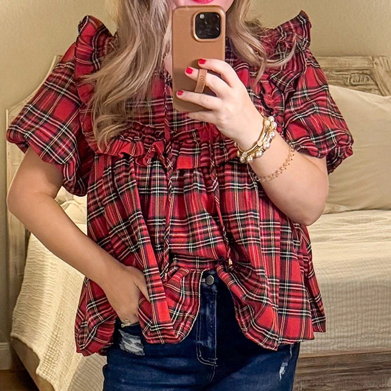 Christmas Outfits Christmas Tops Women Puff Sleeves Plaid Shirt Ruffle Shoulder Checkered Print Babydoll Blouse Tops