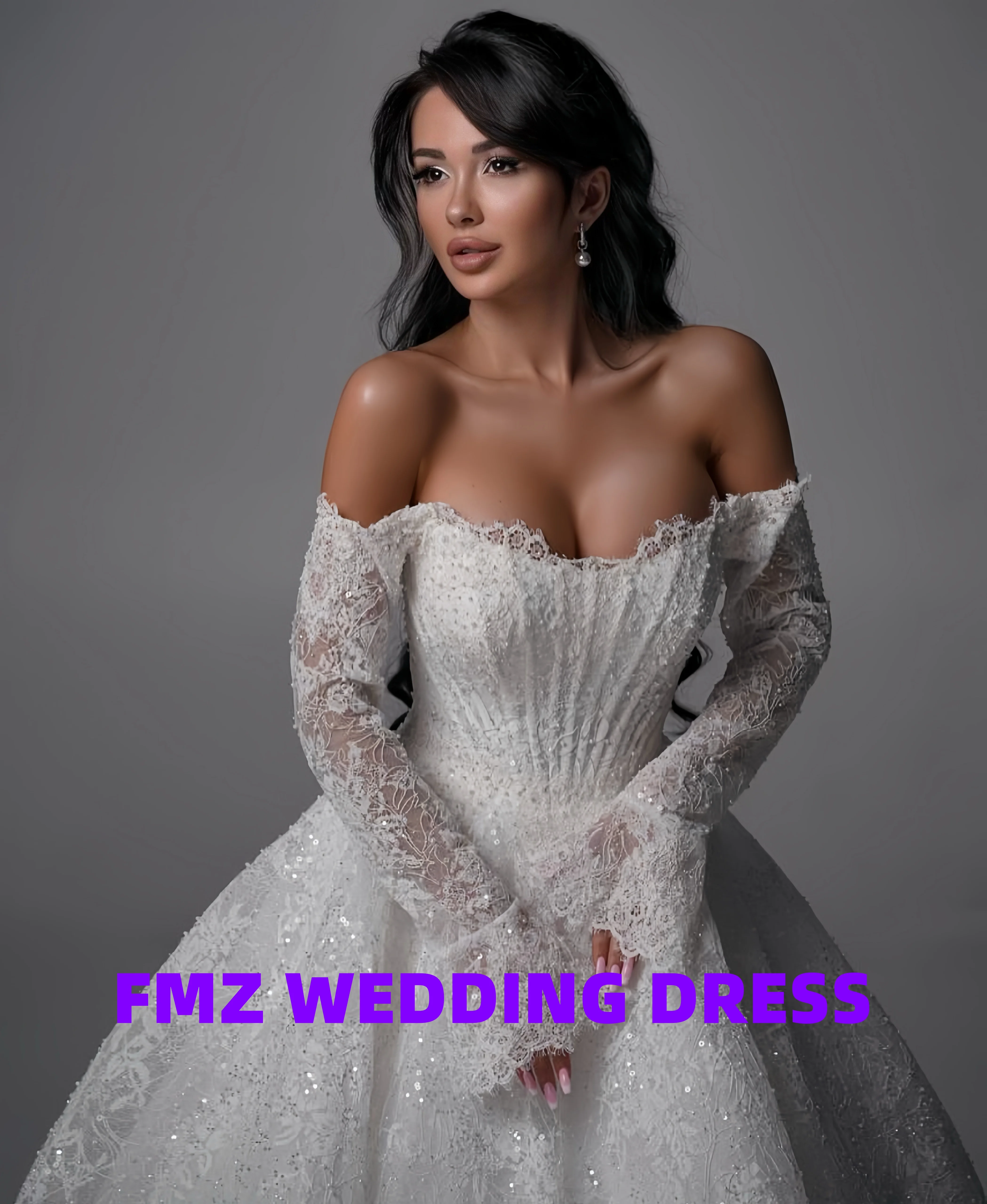 Aangepaste prachtige trouwjurk strapless lange mouwen baljurk robe de mariee trouwjurk vestidos de novia