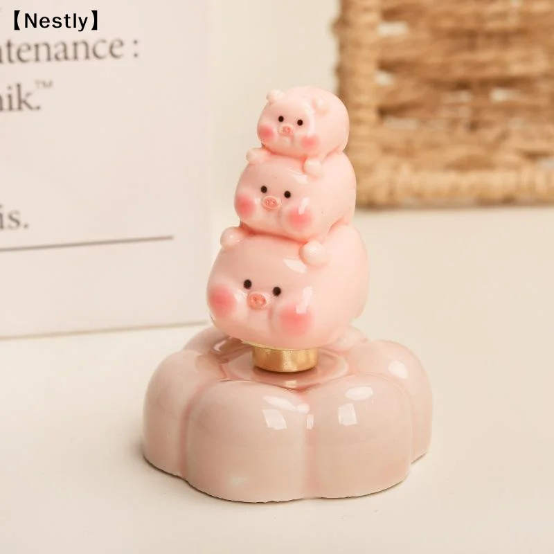 Creative Resin Pink Pig Figurine Stackable Pig Rotating Pig With Bearing Flower Base Desktop Ornament〔Nest〕