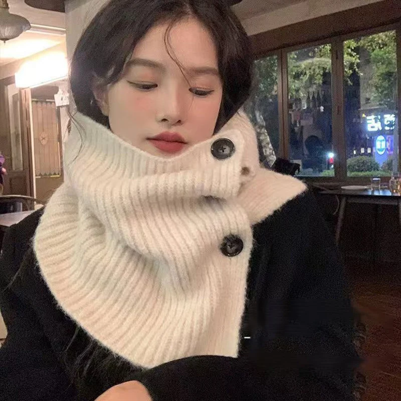 Solid Color Botton Neckerchief Women Winter Warm Thickened Knitted Scarves Korean Retro Scarf Casual Versatile Woolen Neck Cover