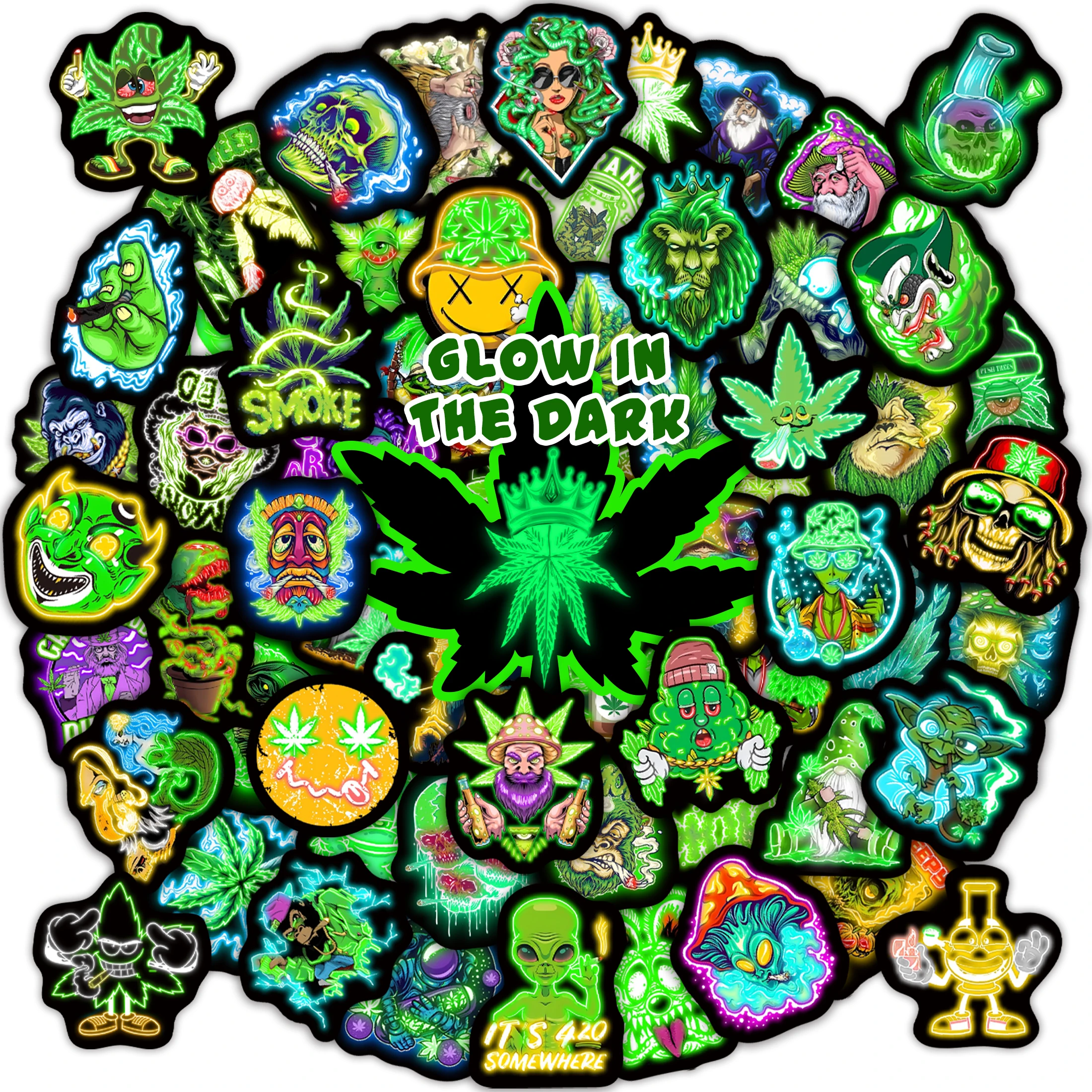 Im Dunkeln leuchtende Cannabis-Aufkleber-Set - Wasserfeste Sticker für Hydro Flask, Notizbuch & Rauch-Sessions-Dekoration