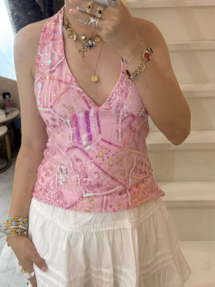 

Fashion Sexy Sequin Top Women Elegant V-neck Sleeveless Backless Shoulder Less Vest 2026 Lady Spring Vacation Daily Suspender